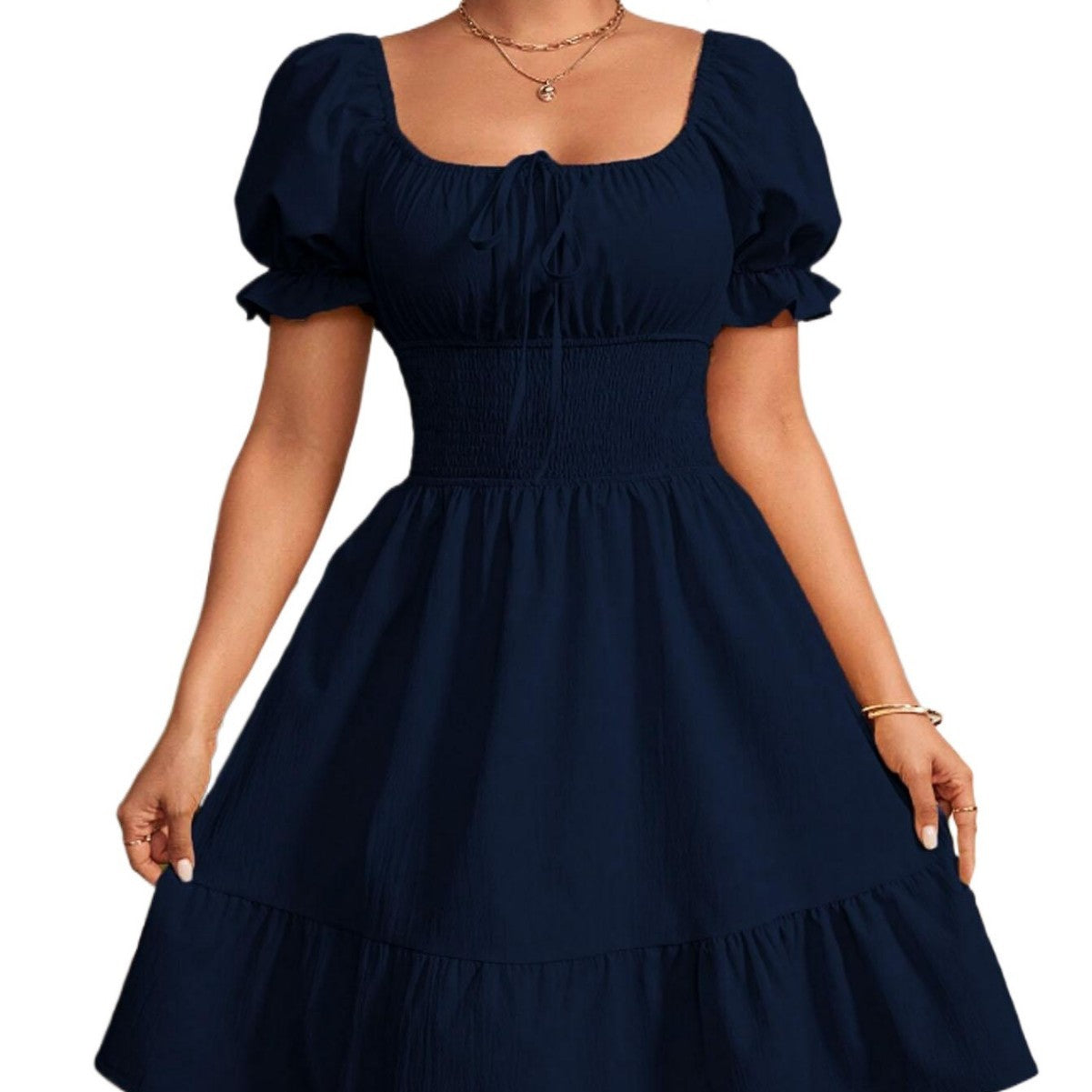 Elegant and gentle European style square neck backless mid length dress