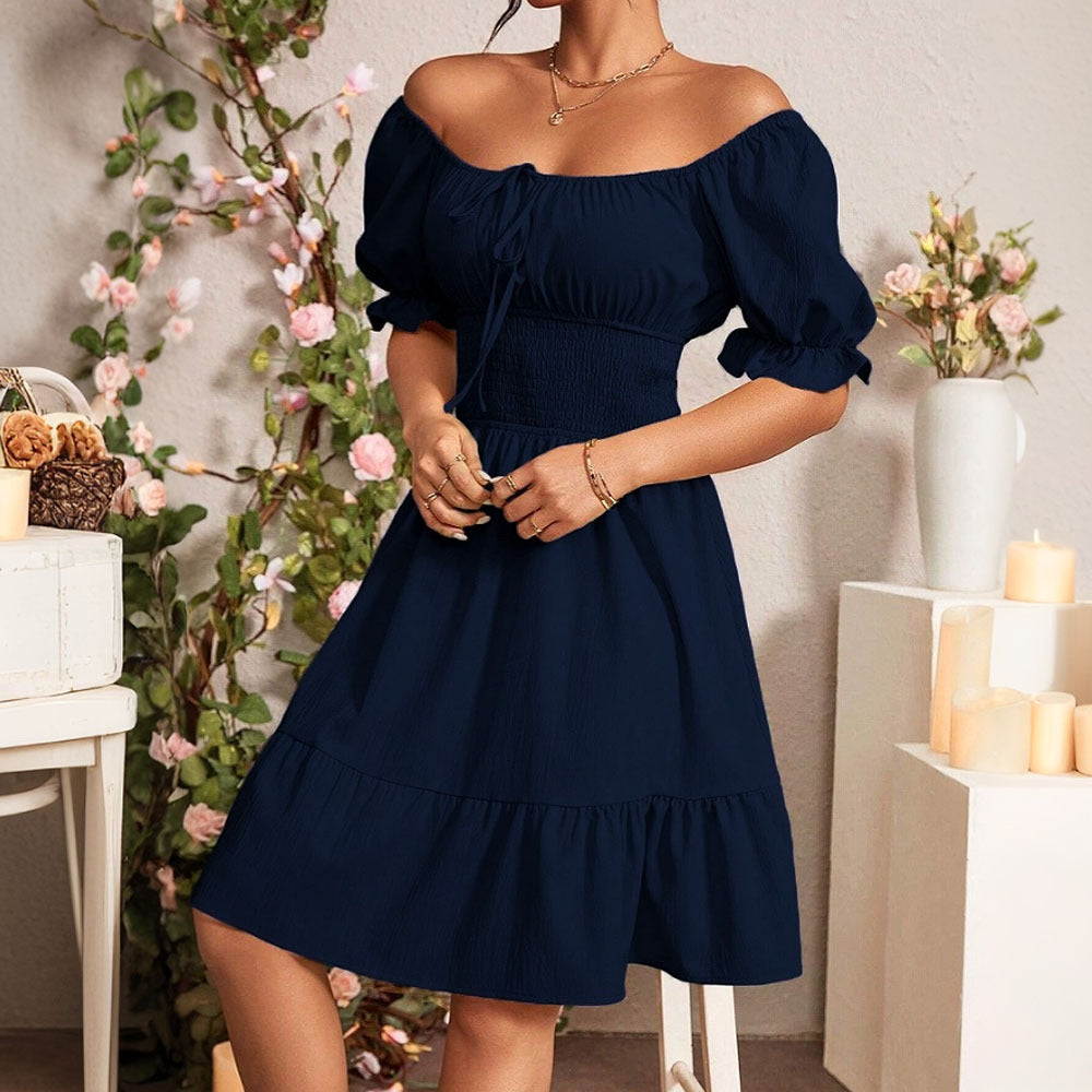 Elegant and gentle European style square neck backless mid length dress