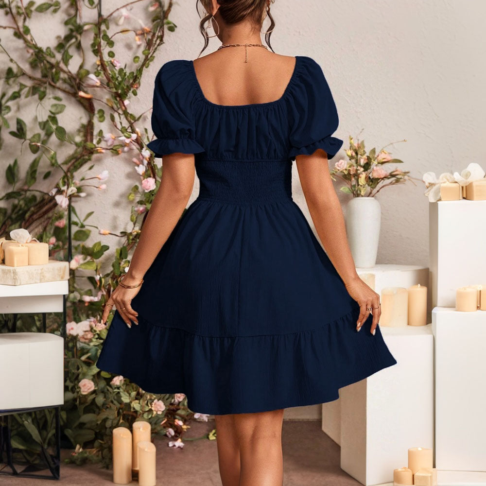 Elegant and gentle European style square neck backless mid length dress