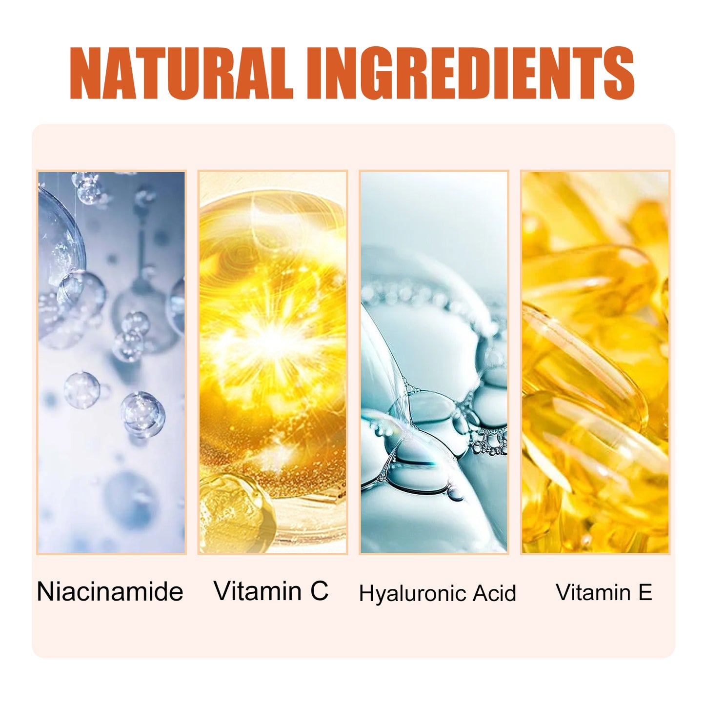 Natural ingredients for vitamin C serum for anti-aging with Niacinamide, Hyaluronic Acid, and Vitamin E