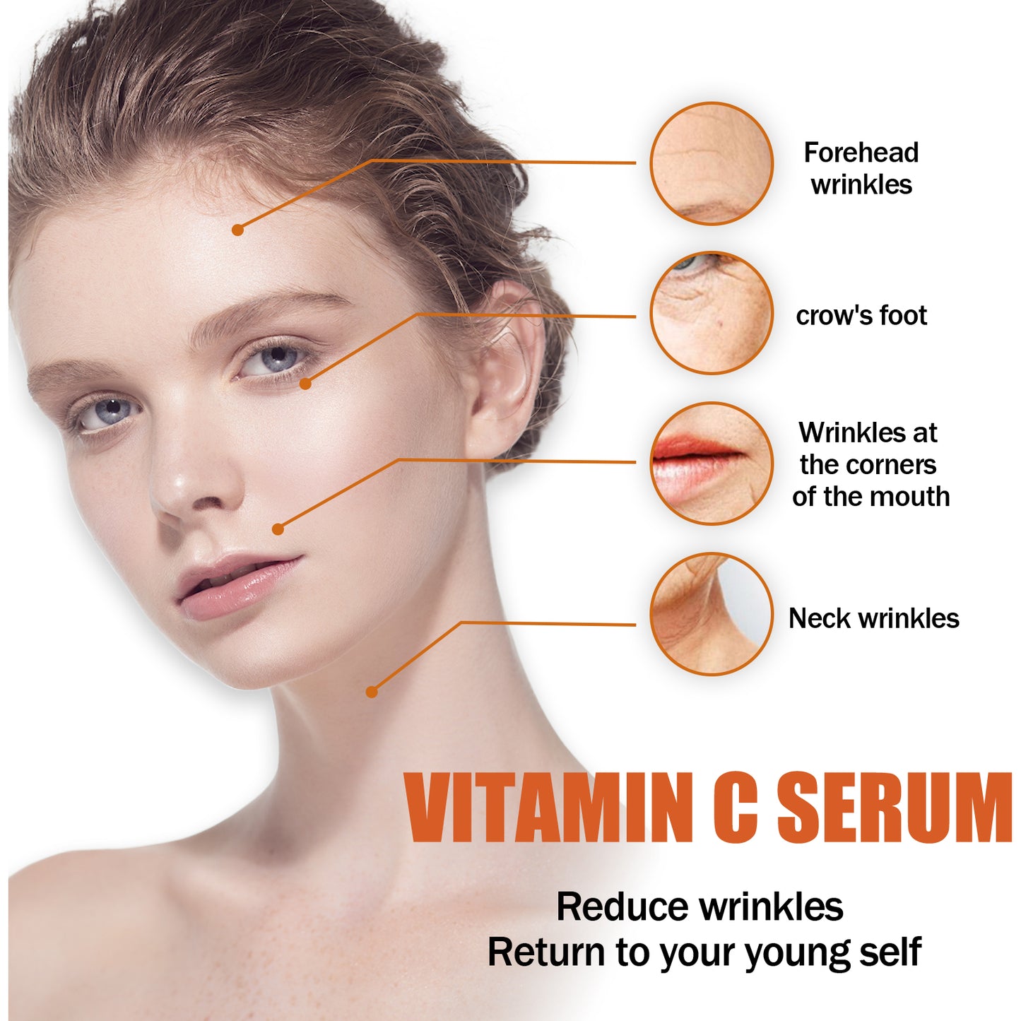 Model showcasing benefits of vitamin C serum for anti-aging, highlighting wrinkle reduction areas on the face