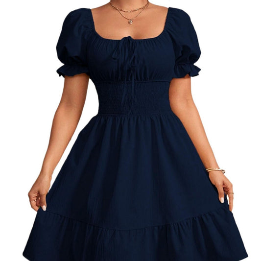 Elegant and gentle European style square neck backless mid length dress