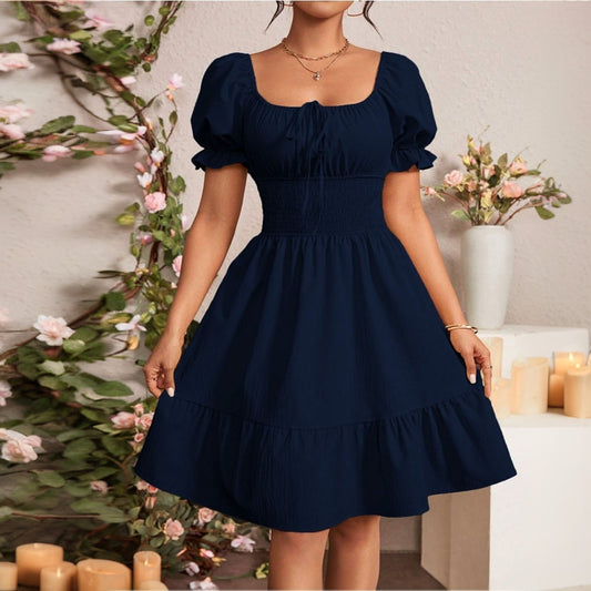 Elegant and gentle European style square neck backless mid length dress