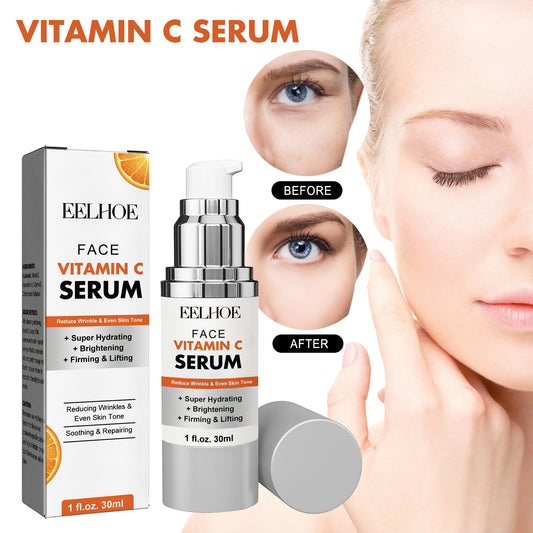 EELHOE Vitamin C Serum for anti-aging in a sleek bottle with before and after images showcasing skin improvements