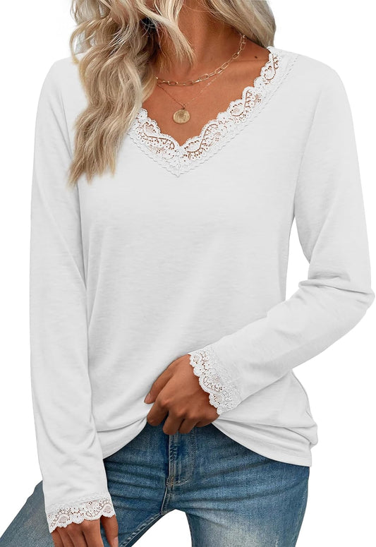 AuraGlow lace V-neck long sleeve top in white with delicate lace trim details